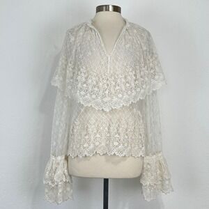Anthropologie Forever That Girl Long Sleeve Lace Bib Blouse Sz Small Sheer White